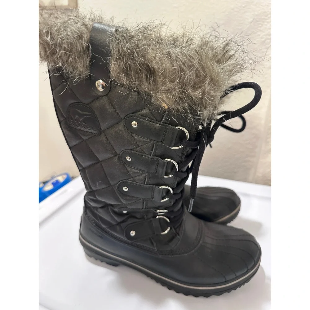 Sorel Winter Snow Boots Quilted Faux Fur Trim Lace‎ Up Black